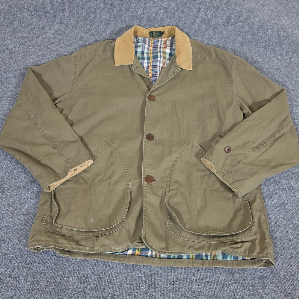 VTG J Crew Oarsman Mens Olive Green Canvas Barn Jacket Plaid Field Coat Flaws